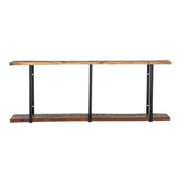 Long wooden table with metal legs on a white background