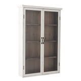 A tall white bookcase cabinet with two glass doors, showing a weathered gray-brown wood interior with five shelves and black metal handles, set against a plain white background.