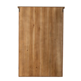A rectangular wooden wall-mounted cabinet or storage panel with a natural brown wood grain finish and visible metal corner hardware, shown against a plain white background.