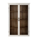 A tall white wooden cabinet with two glass doors and dark metal handles, showing a rustic brown wood interior with four shelves, set against a plain white background.