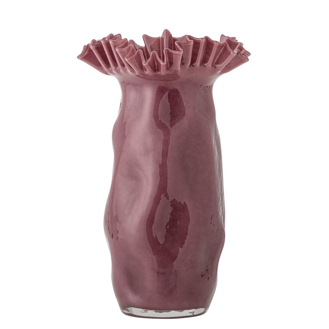 A glossy, textured ceramic vase in a dusty rose or mauve color, featuring a flared, ruffled rim and an organic, wavy silhouette, set against a plain white background.