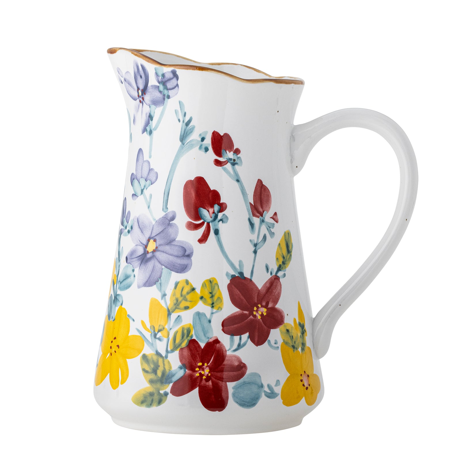 A white ceramic pitcher with a handle, featuring a hand-painted floral pattern of red, purple, and yellow flowers with green leaves, finished with a thin gold rim.