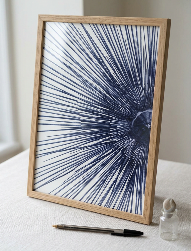 A framed art print featuring a navy blue radial burst pattern on a white background, enclosed in a light natural wood frame. The frame is displayed on a white textured surface next to a black pen and a small clear glass vial with a white stopper.
