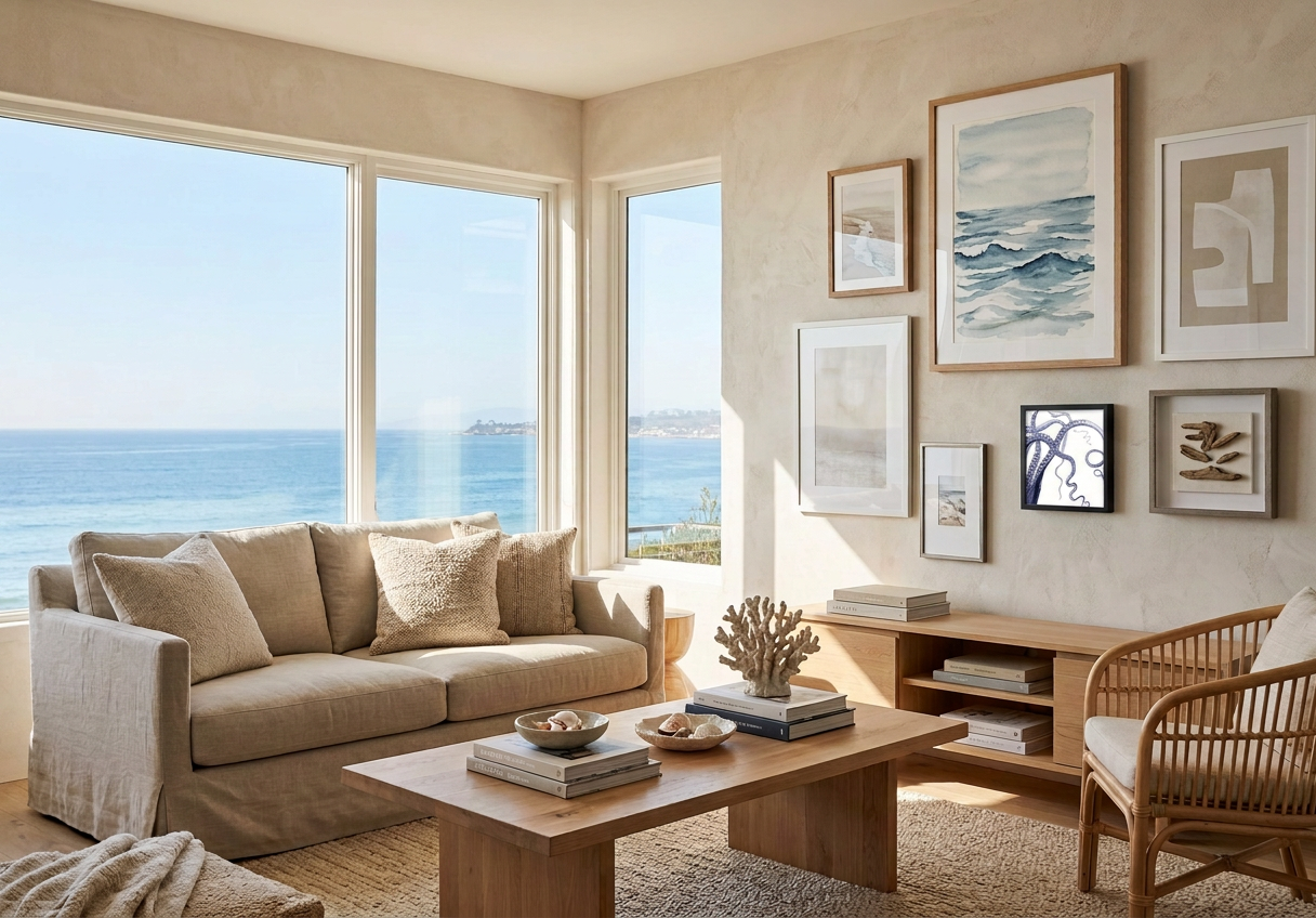 A beautifully styled coastal living room with a beige slipcovered sofa, a wooden coffee table, a rattan armchair, and a gallery wall of framed art overlooking the blue ocean.