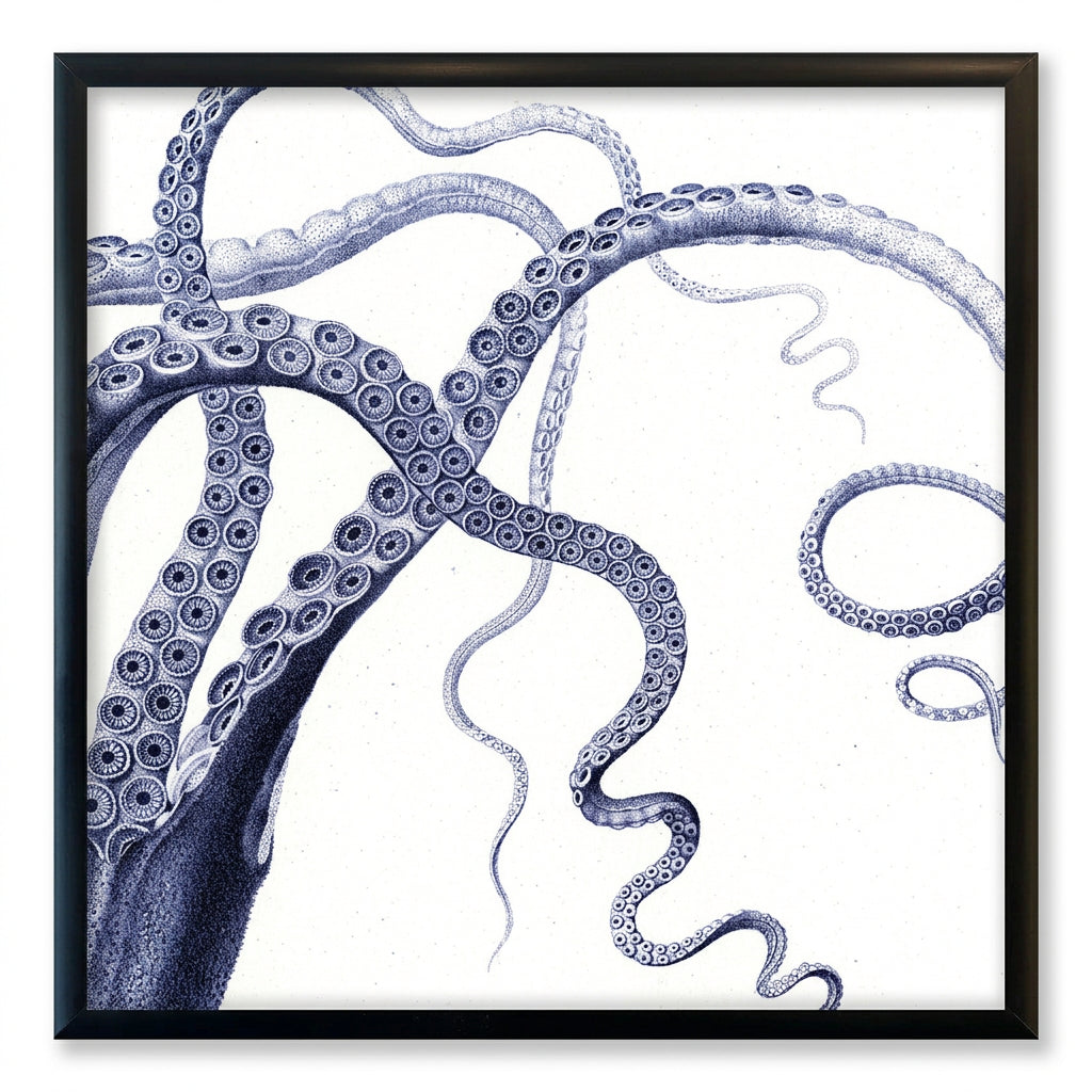 Framed square art print featuring a detailed blue-gray scientific illustration of an octopus tentacle on a white background, enclosed in a dark frame.