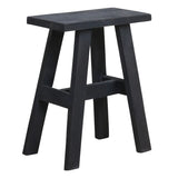 A rustic black wooden stool with a square seat and four angled legs connected by a lower crossbar, shown on a plain white background.