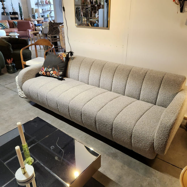 Channel Tufted Retro Sofa Light Grey Boucle 3 Seater