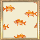 A square decorative print or tile featuring illustrated orange fish scattered on a warm cream background, surrounded by an ornate gold-toned frame border.