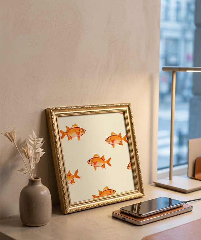 A framed art print featuring watercolor orange-gold fish on an off-white background, styled in a gold frame on a concrete desk next to a vase with dried grass and a smartphone.