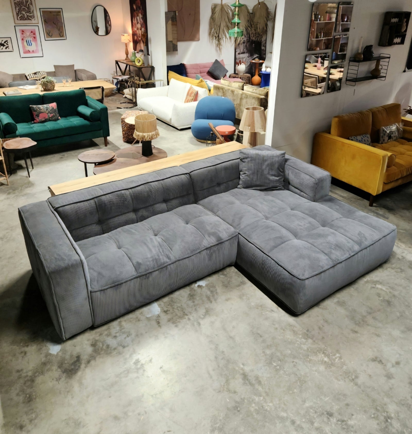 Cubic Right Corner Studio Sofa Charcoal Grey Corduroy