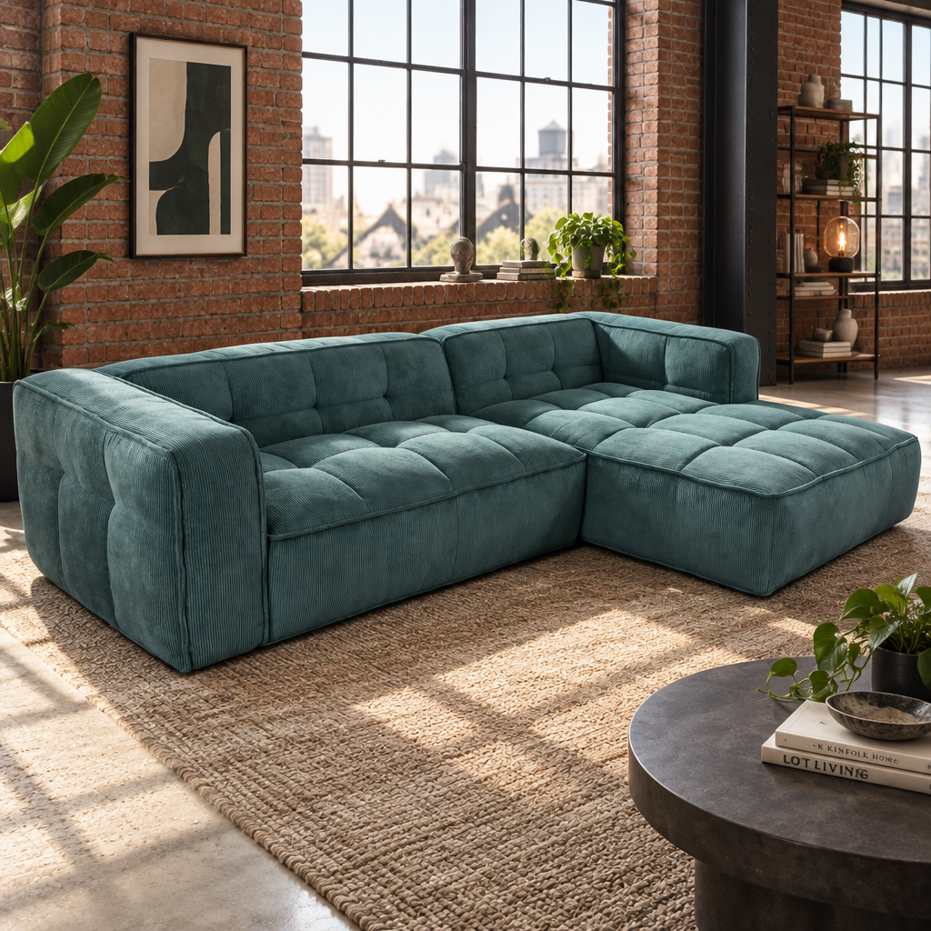 A modern two-module Cubic Studio sofa with a solid teal corduroy fabric and a wooden frame.