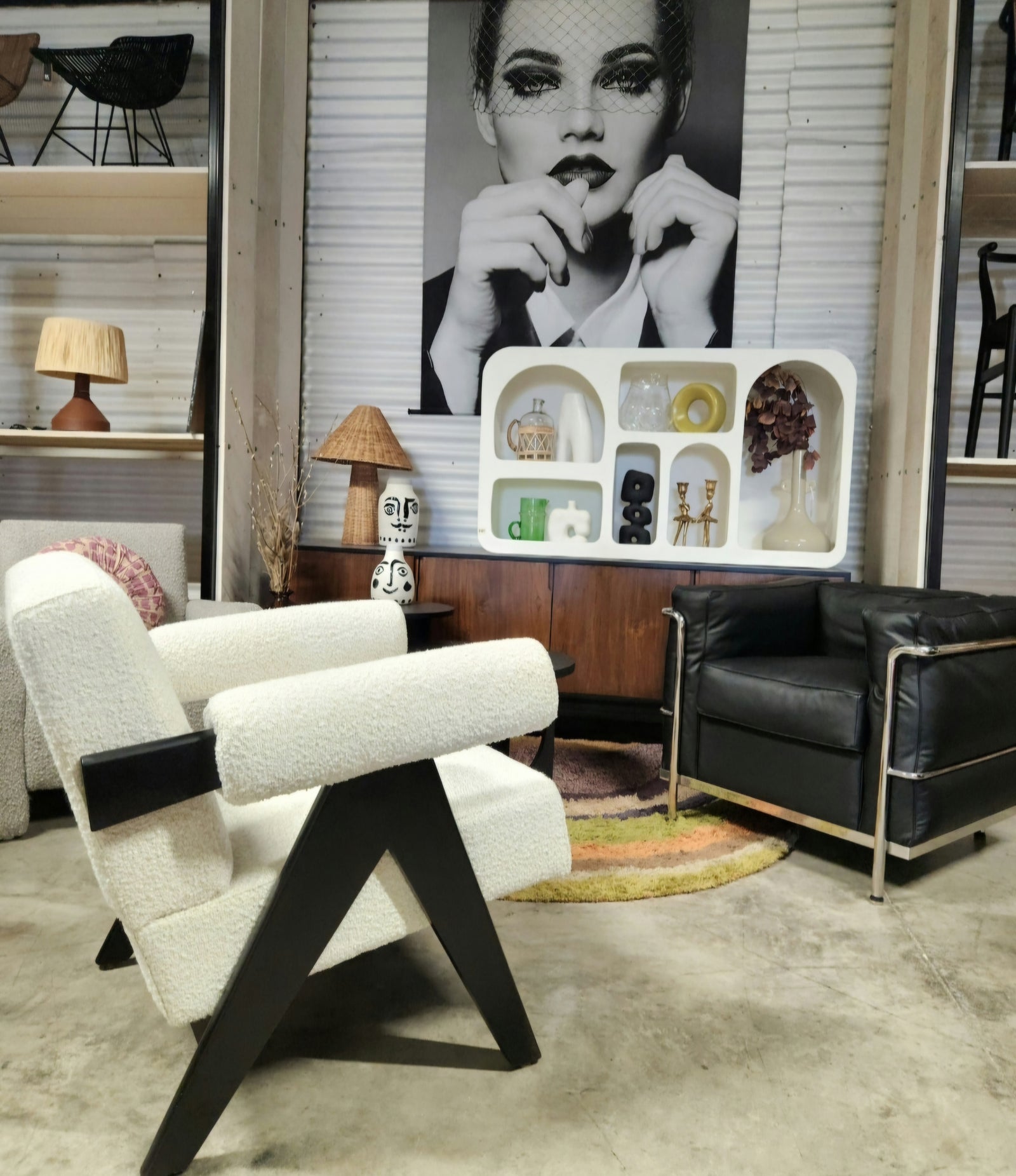 Pierre Jeanneret Style Easy Armchair White Boucle