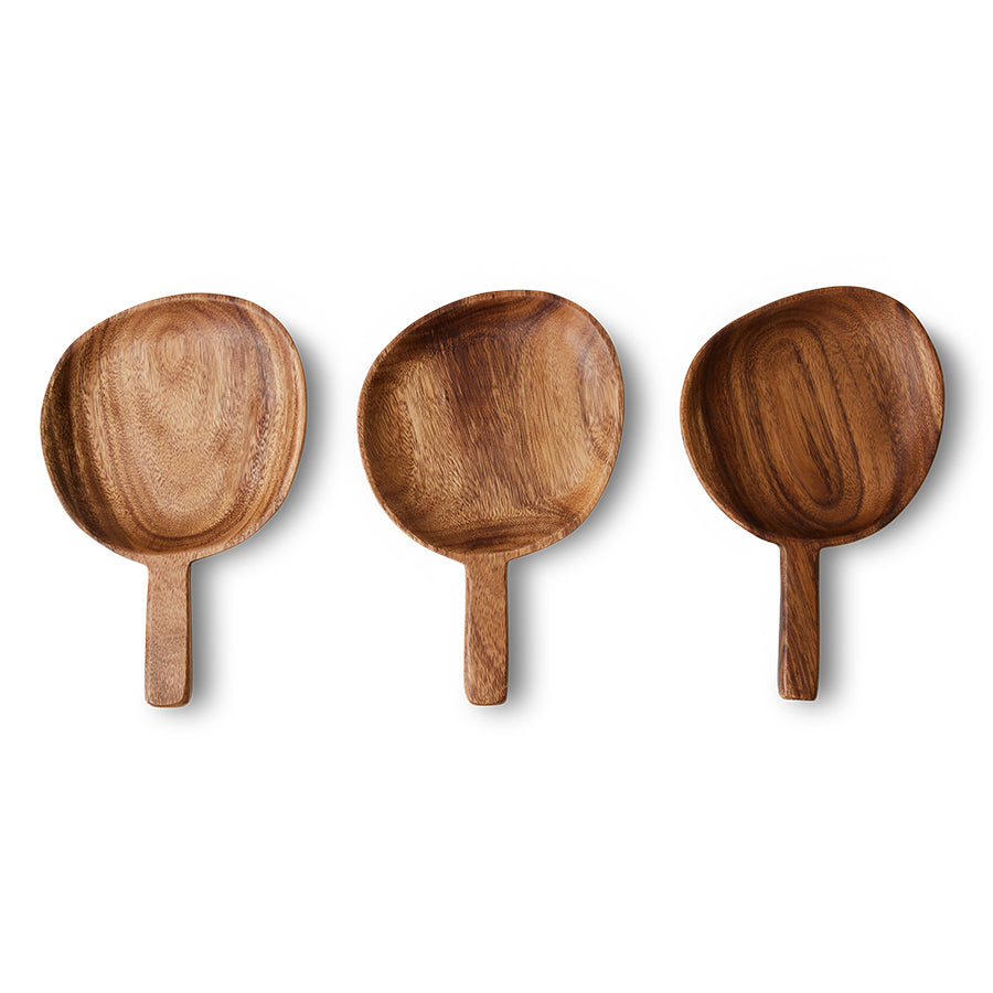 Three wooden ladles on a white background