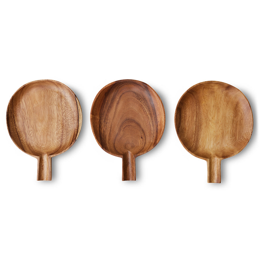 Three wooden ladles on a white background