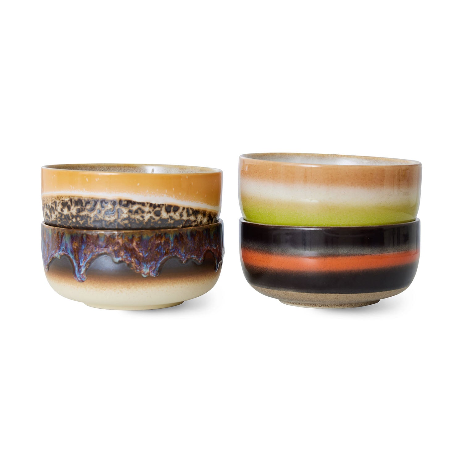Two ceramic cups with multicolored glaze on a white background