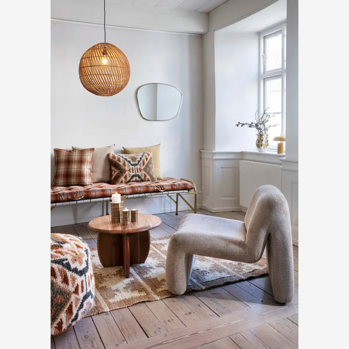 Handwoven Wool Pouf Madam Stoltz Dusty blue, off white, burnt orange, sand