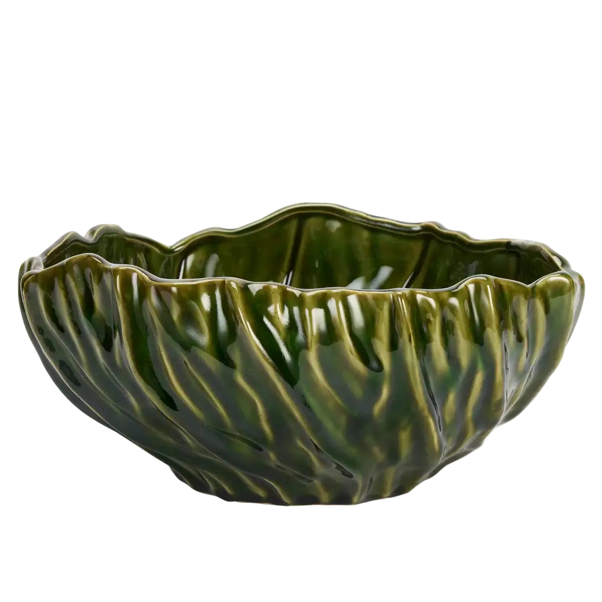 A glossy ceramic bowl with a leaf-like scalloped rim and vertical leaf veins, glazed in shades of olive green and dark forest green, set against a plain light gray background.