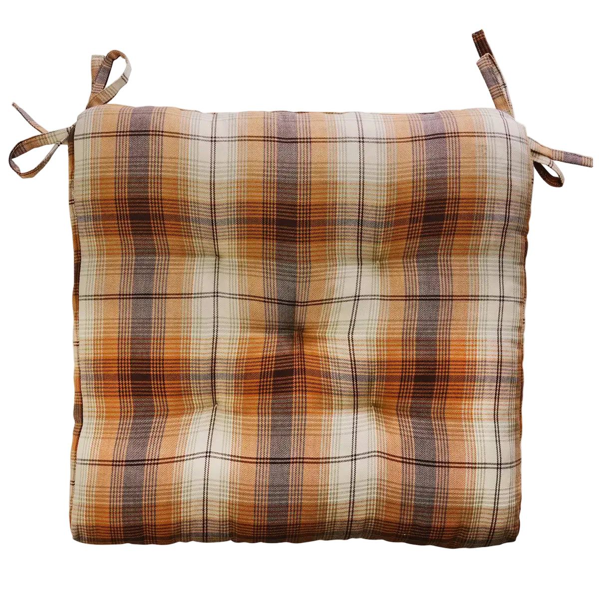 Plaid seat cushion with brown, beige, and gray colors on a white background