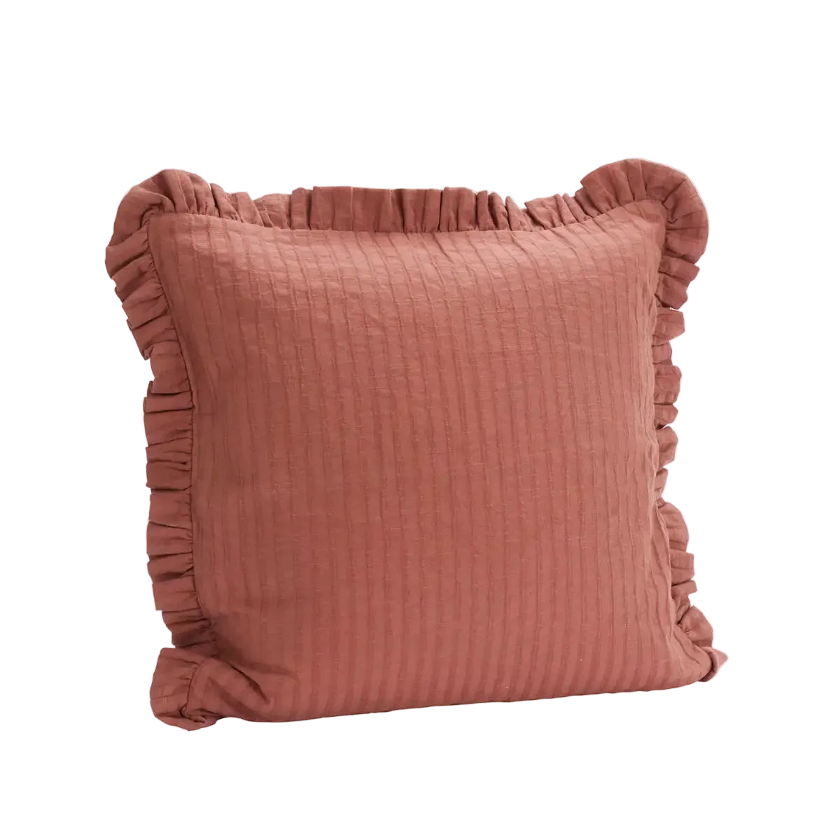 Brown textured pillow with ruffled edges on a white background