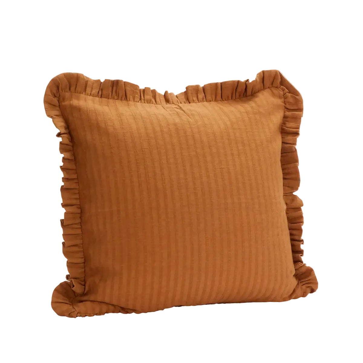 Brown textured pillow with ruffled edges on a white background