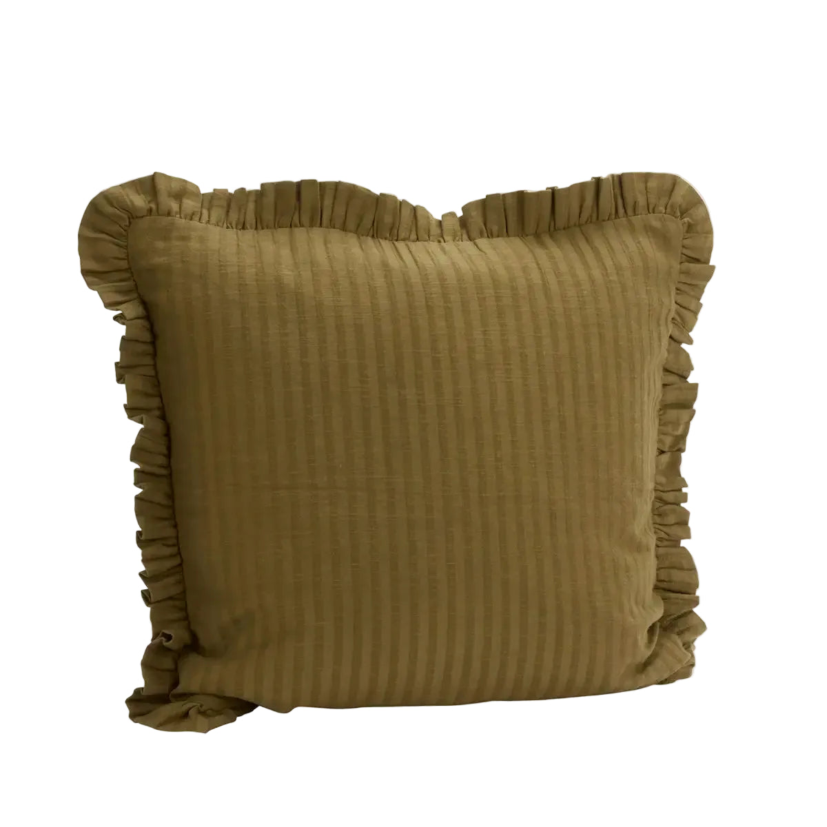 Green cushion with ruffled edges on a light gray background