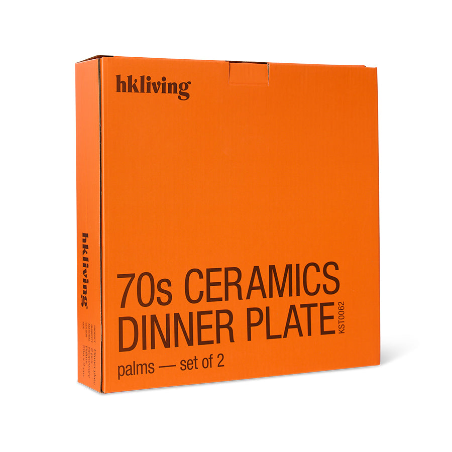 Orange box with 'hkliving' branding and text about 70s ceramics dinner plates on a white background