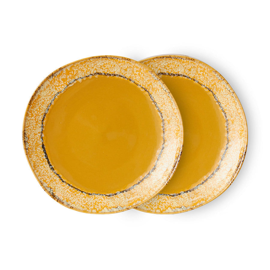 set of 2 Round ceramic plates with a textured edge on a white background