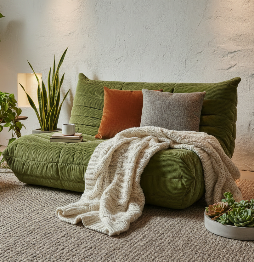 Togo Style Sofa Army Green Corduroy 2 Seater
