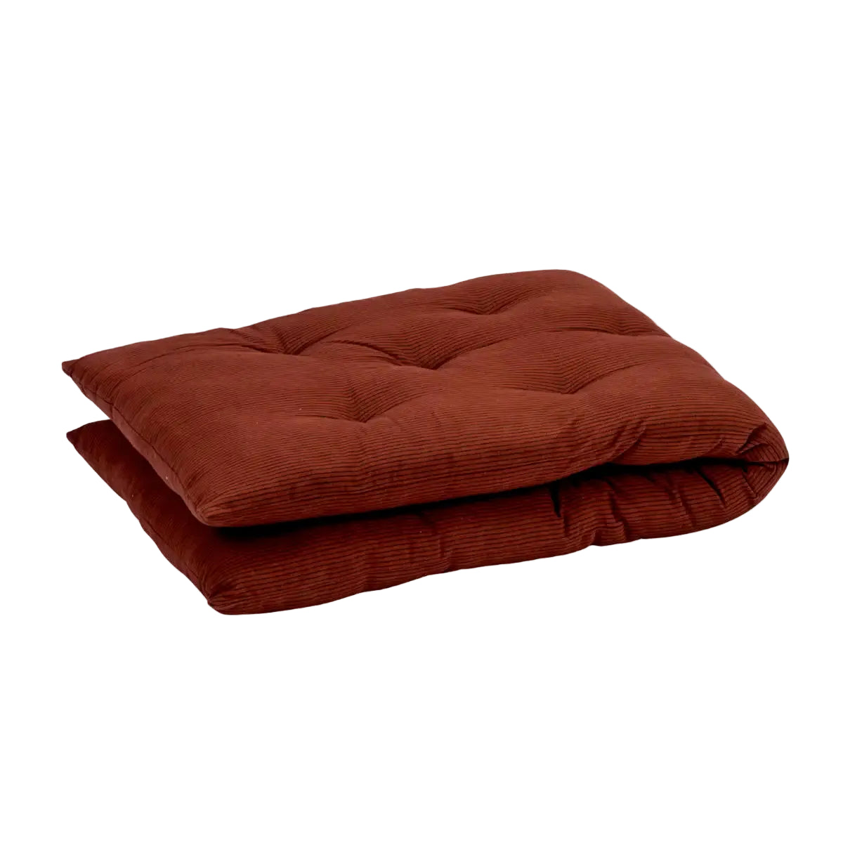A folded brown corduroy floor cushion with a tufted top, shown on a plain light gray background.