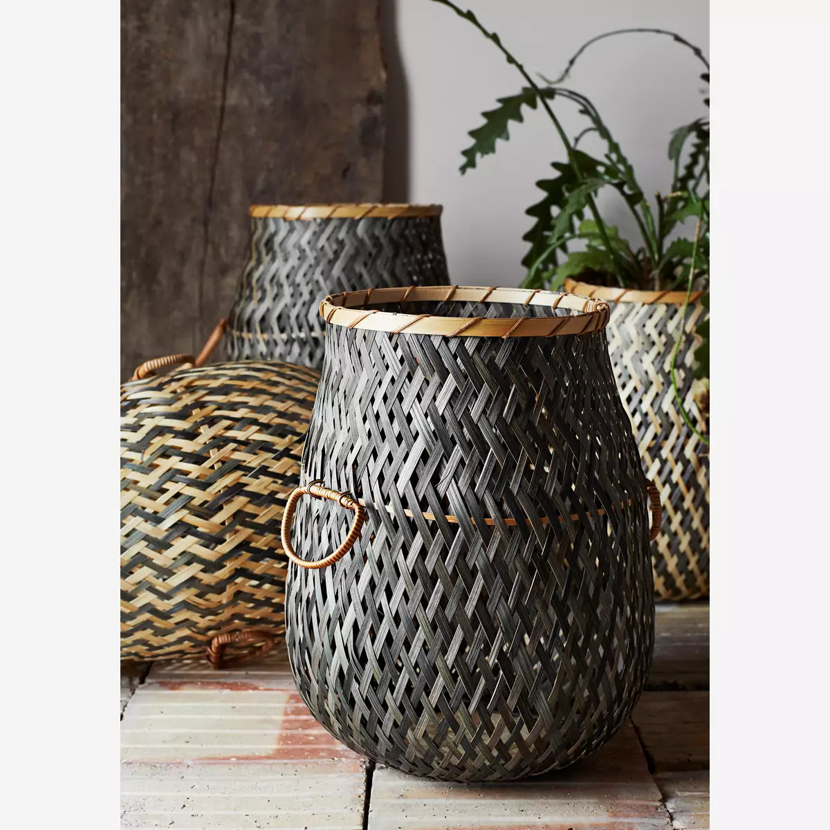 Bamboo Basket With Handless Black, Natural