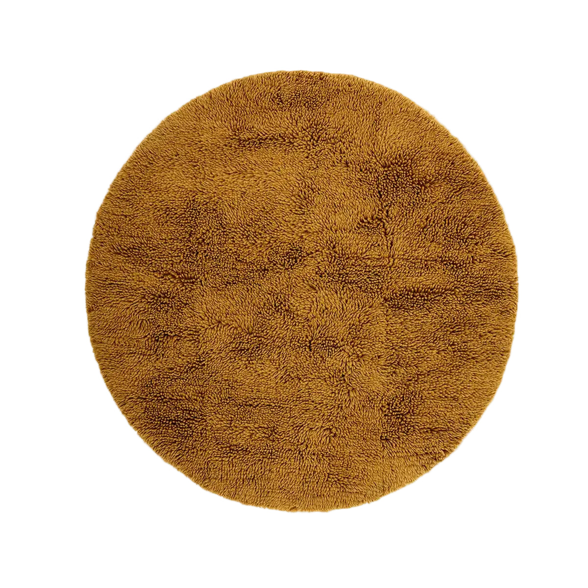 A round, plush shag rug in a warm mustard brown color, shown from a top-down view against a plain white background.