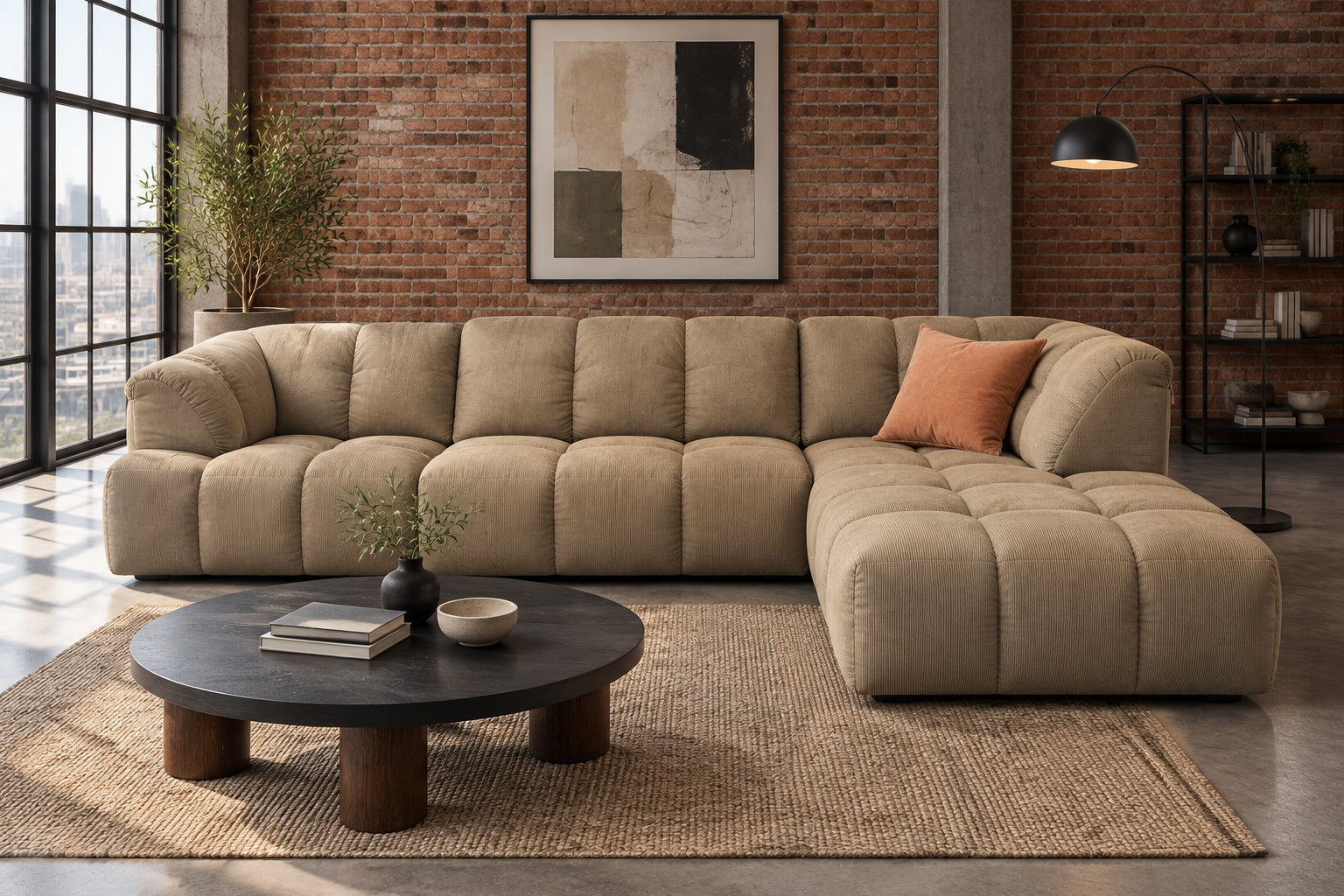 A mid-century modern L-shaped sectional sofa upholstered in tan boucle fabric, styled in a vintage furniture showroom with a black round coffee table and patterned rugs.