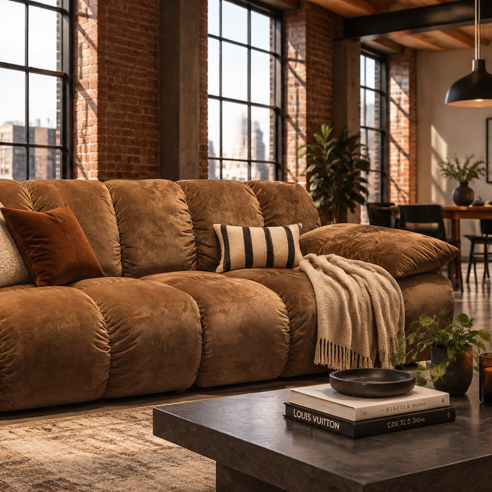 A mid-century modern tufted sofa upholstered in a brown velvet fabric, shown from a three-quarters angle against a plain white background.
