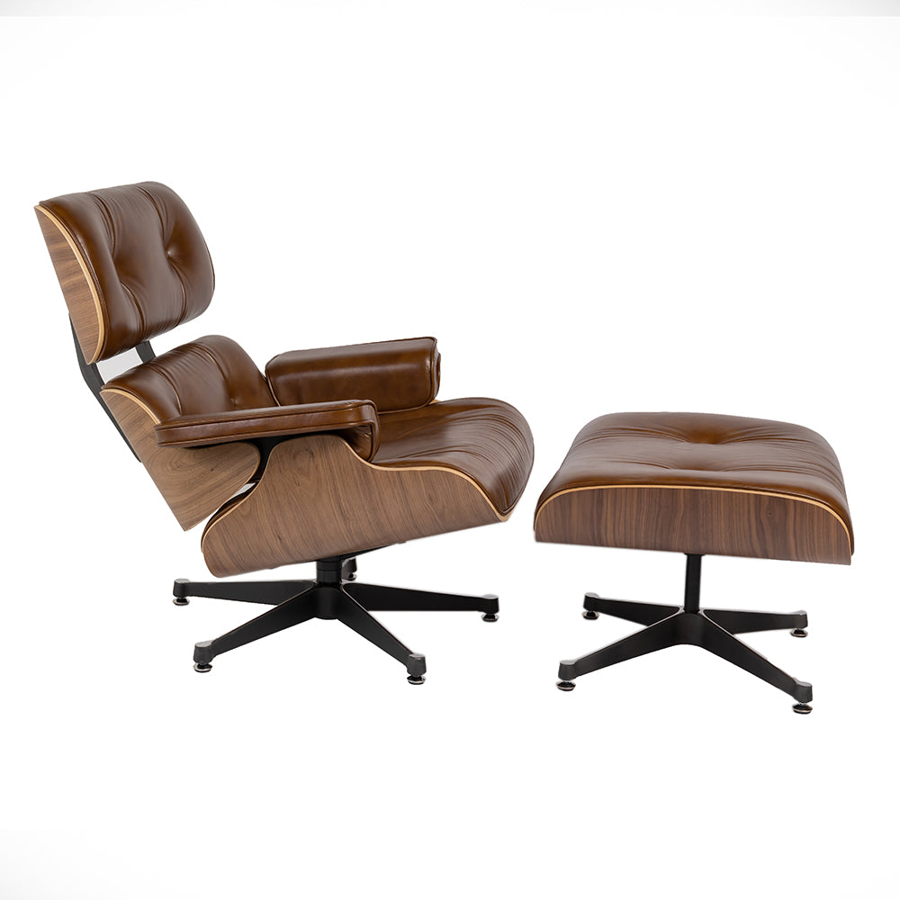 Eames Inspired Lounge Chair and Ottoman - Walnut & Vintage Brown Leather