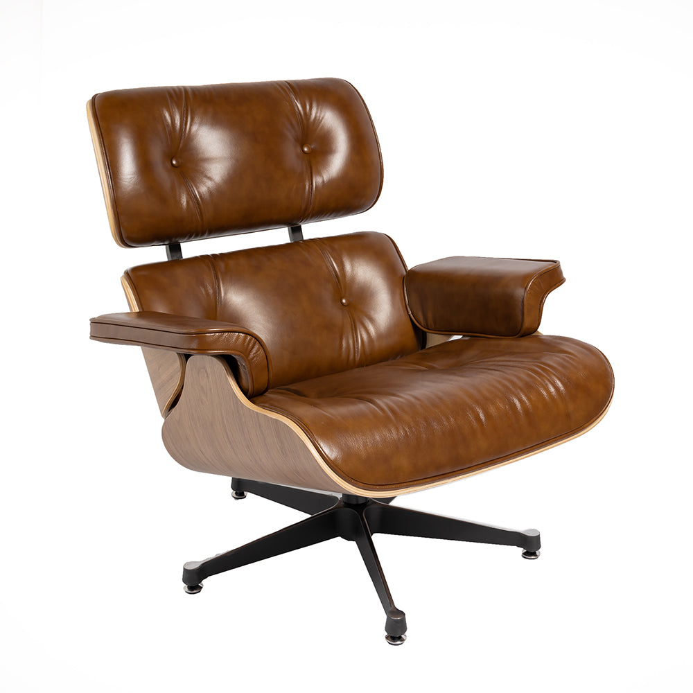 Eames Inspired Lounge Chair and Ottoman - Walnut & Vintage Brown Leather