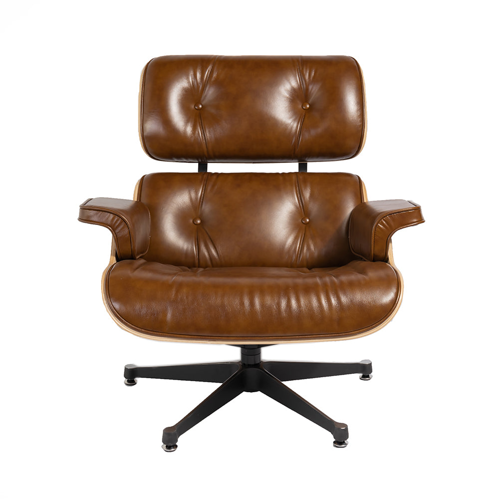 Eames Inspired Lounge Chair and Ottoman - Walnut & Vintage Brown Leather