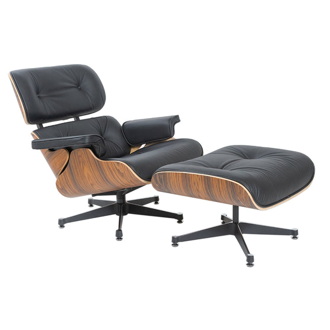 Eames Inspired Lounge Chair and Ottoman - Rosewood & Black Leather