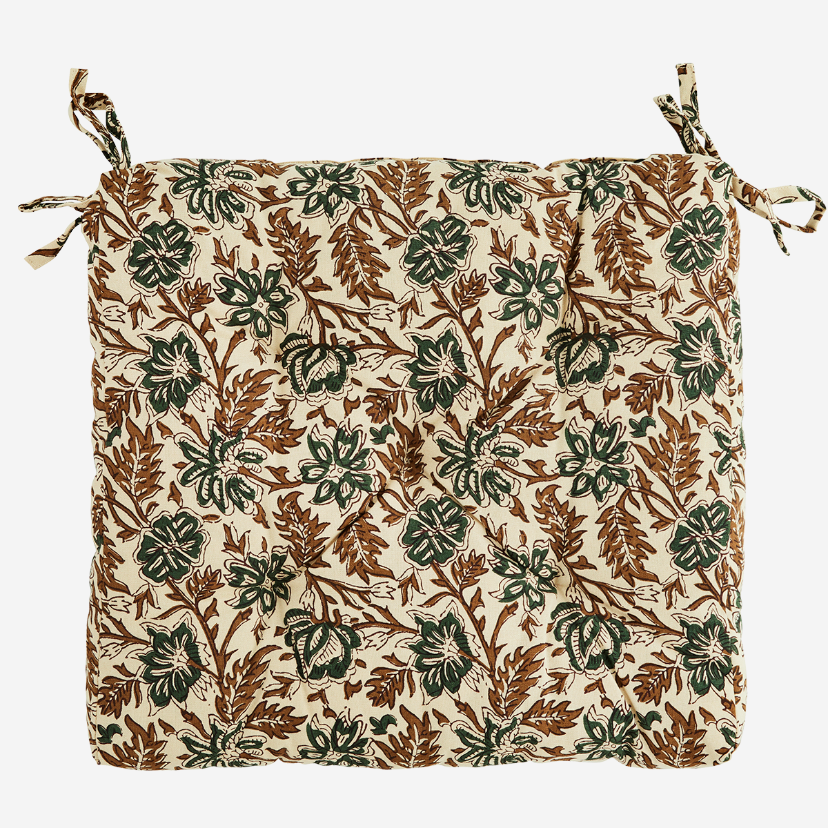 Printed cotton Seat Pad Cream/Brown/Green. - Madam Stoltz
