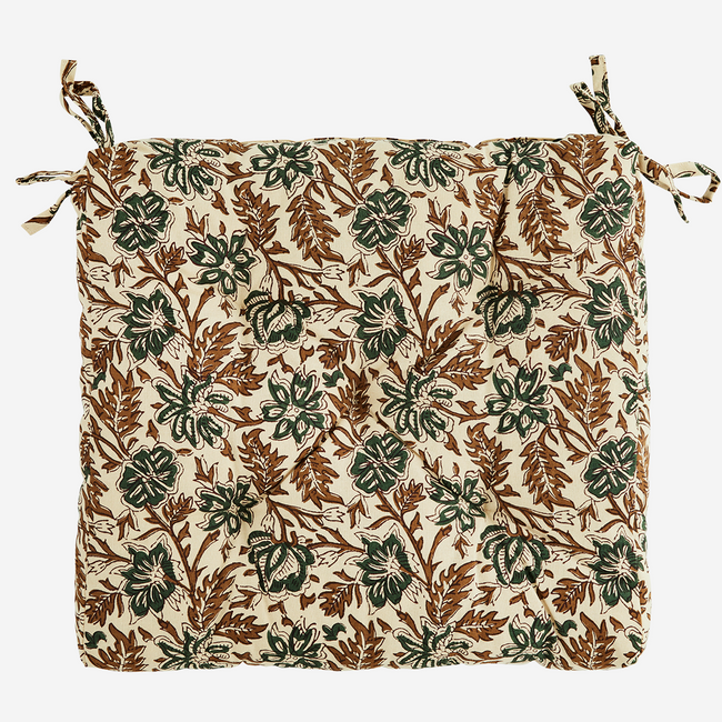 Printed cotton Seat Pad Cream/Brown/Green. - Madam Stoltz