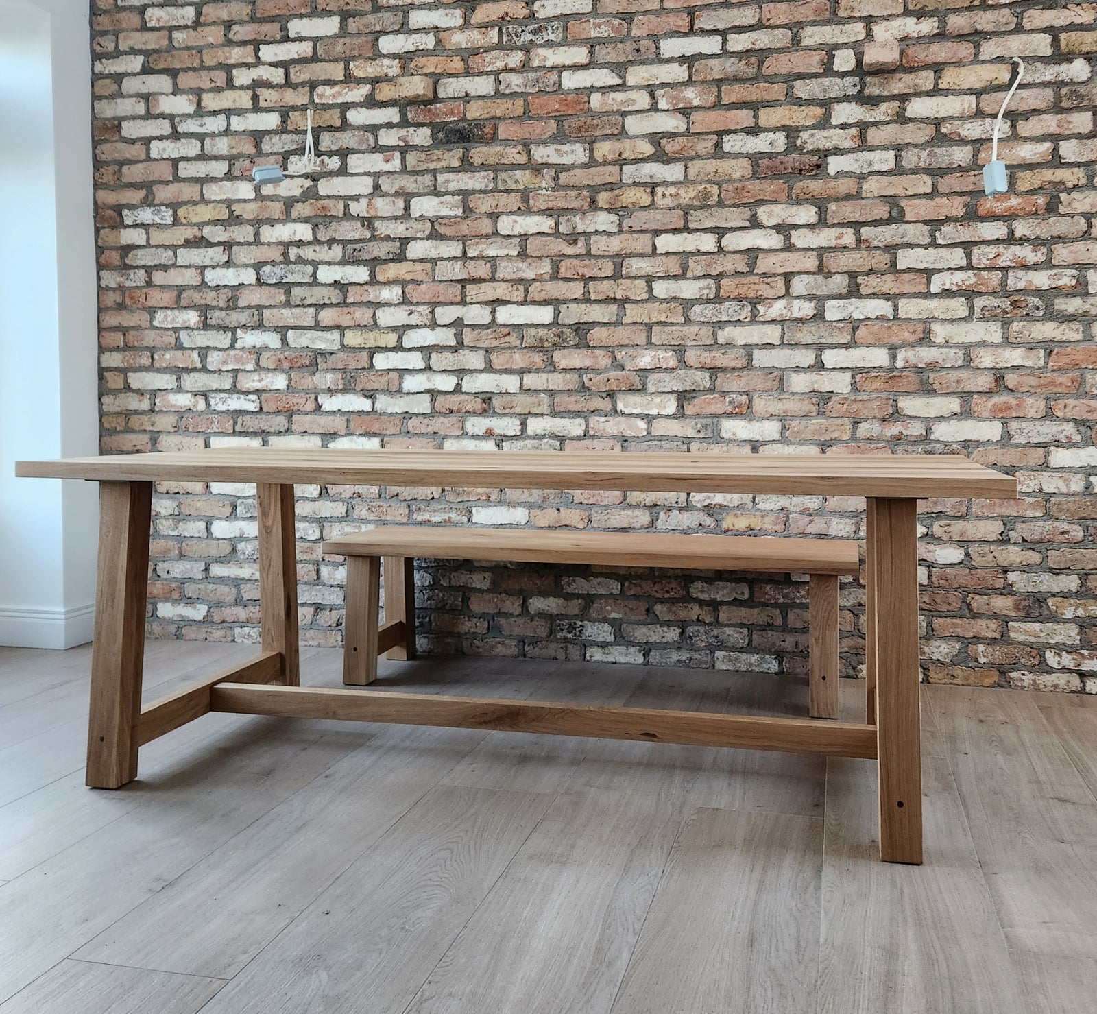 Solid Oak Farmhouse Dining Table / Matching Bench / Strachel A.F.