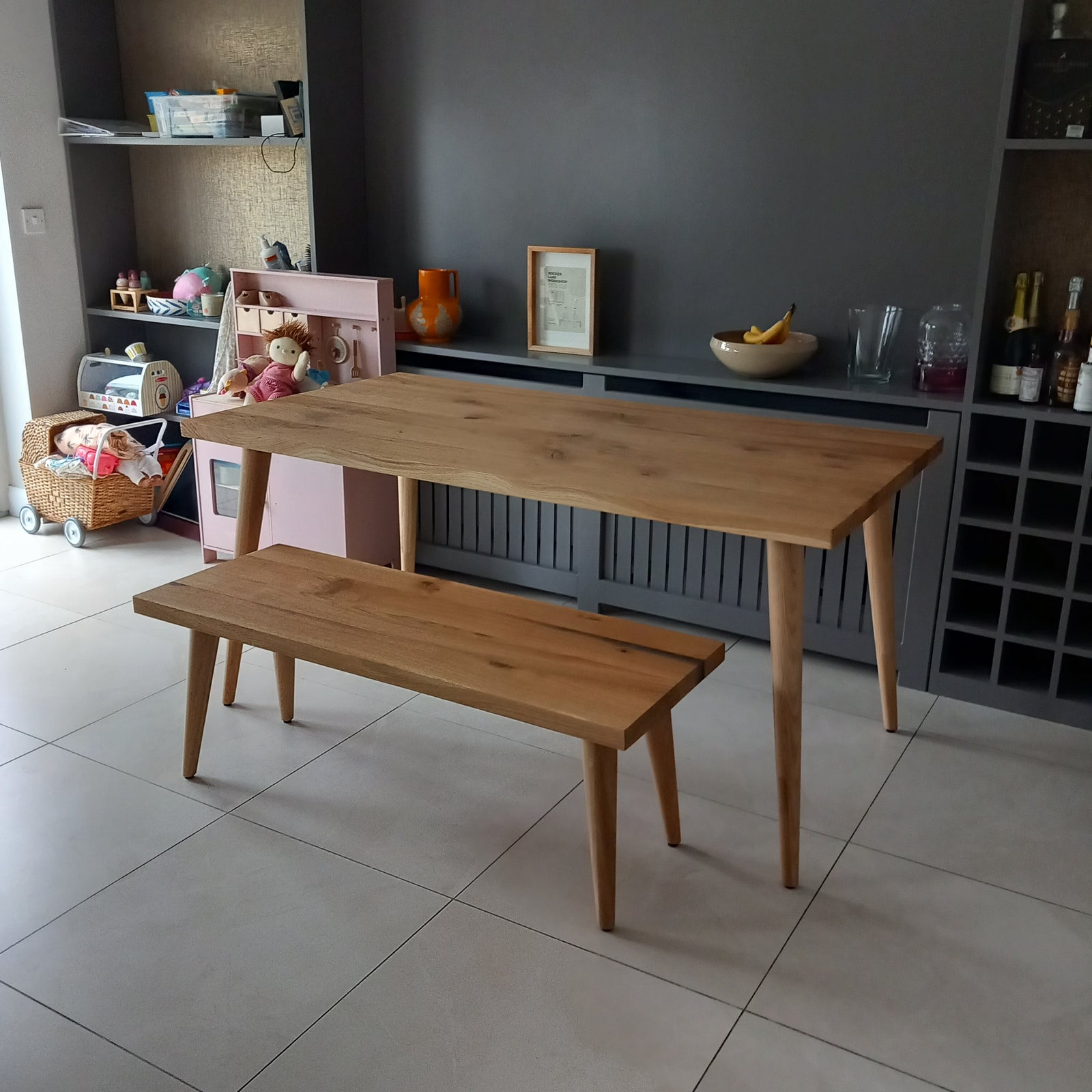 Spiky Oak Legs Dining Table with a Matching Bench by Strachel A.F.