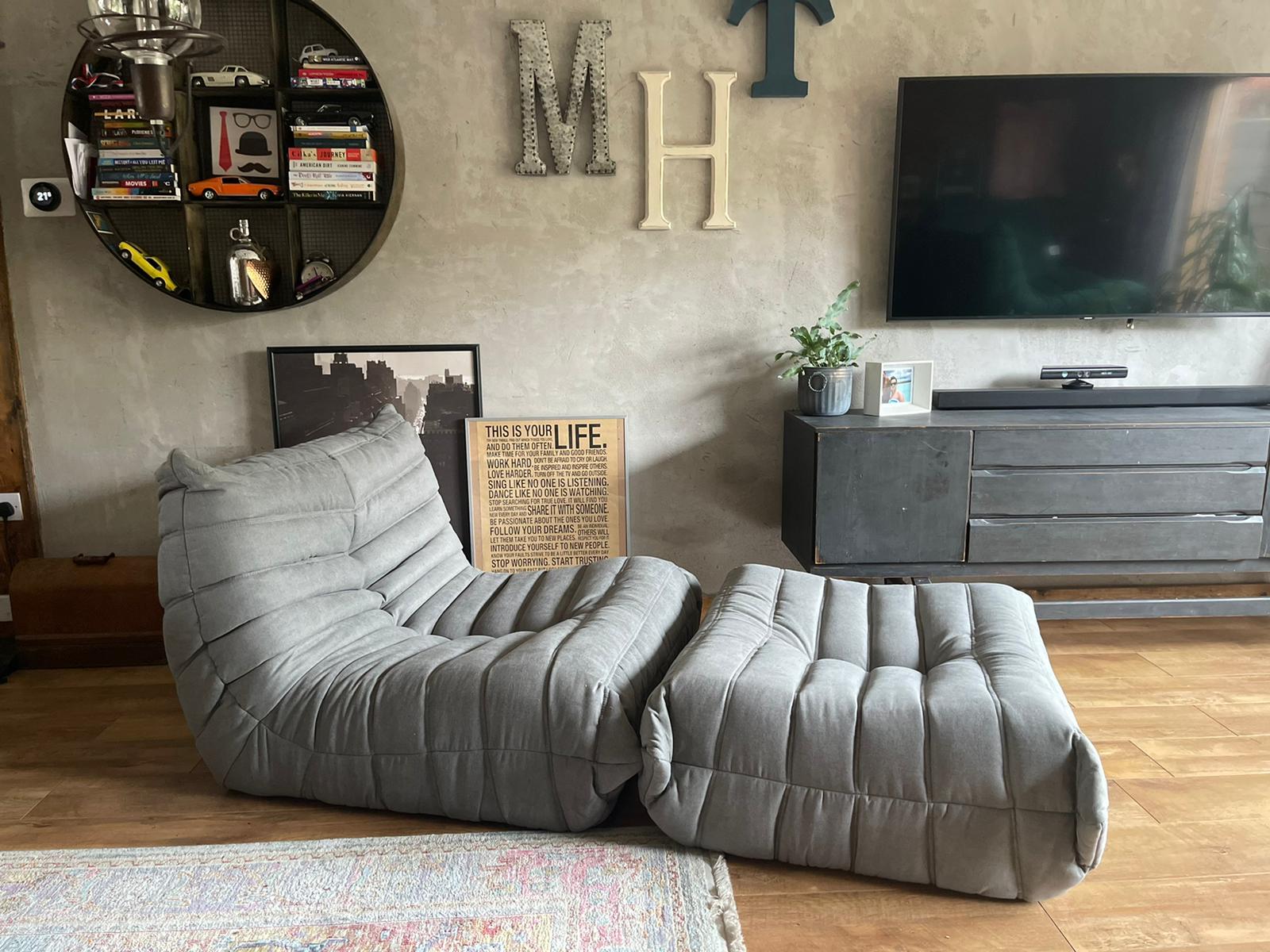 Togo Style Sofa 1 Seater Mid Grey With Footstool
