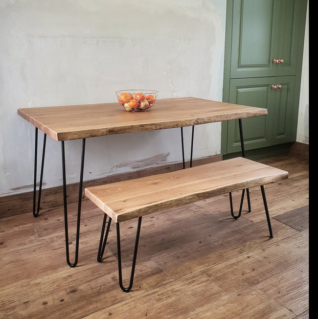 Hairpin Legs  Live Edge Oak Industrial Dining Table / Bench / Strachel A.F.