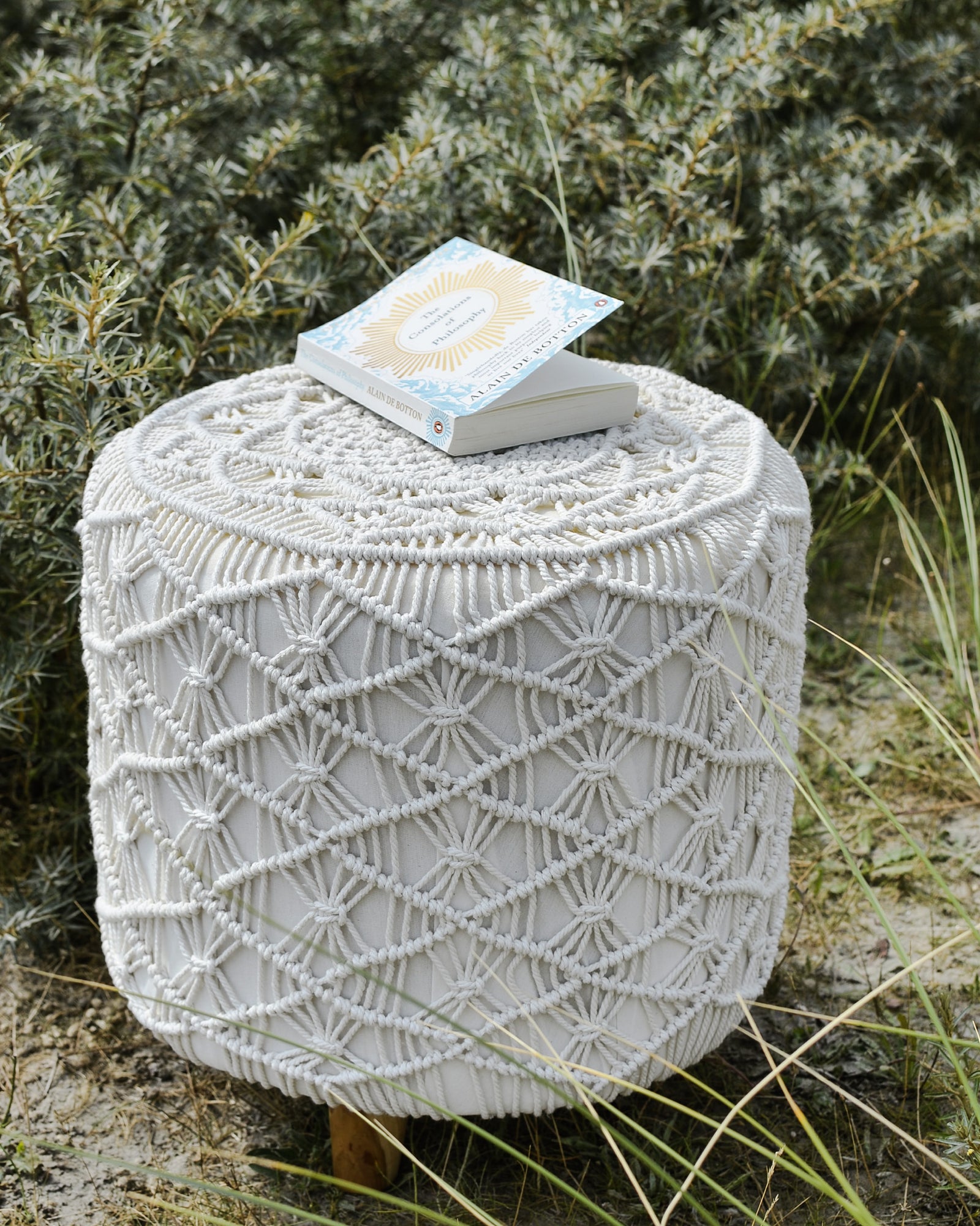 Macrame Pouf Stool  With Wooden Legs
