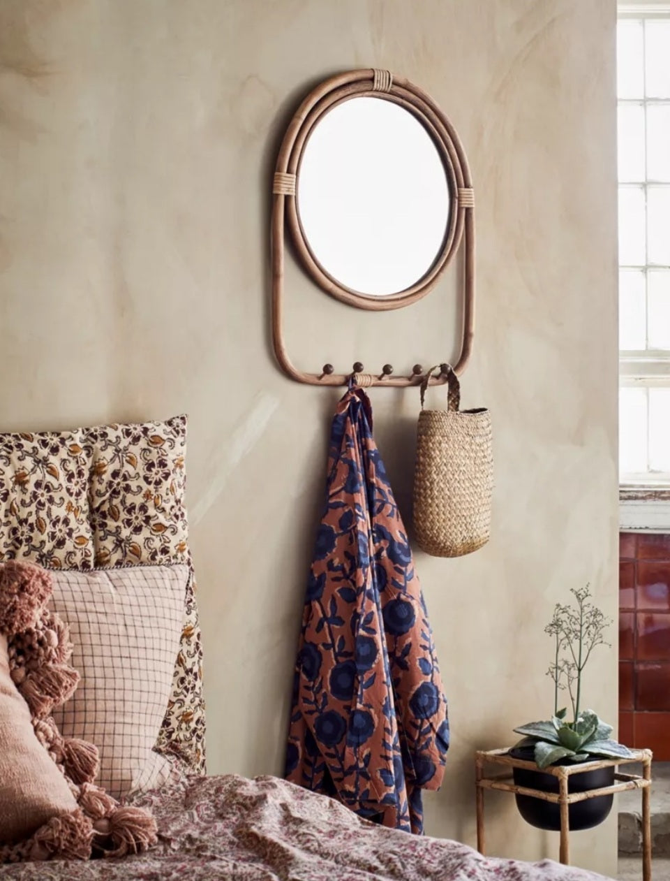 Mirror With Rattan Frame And Hooks