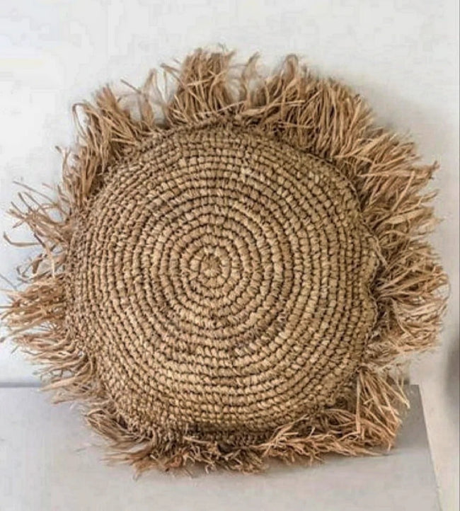 Rafia Cushion With Fringe Round  |