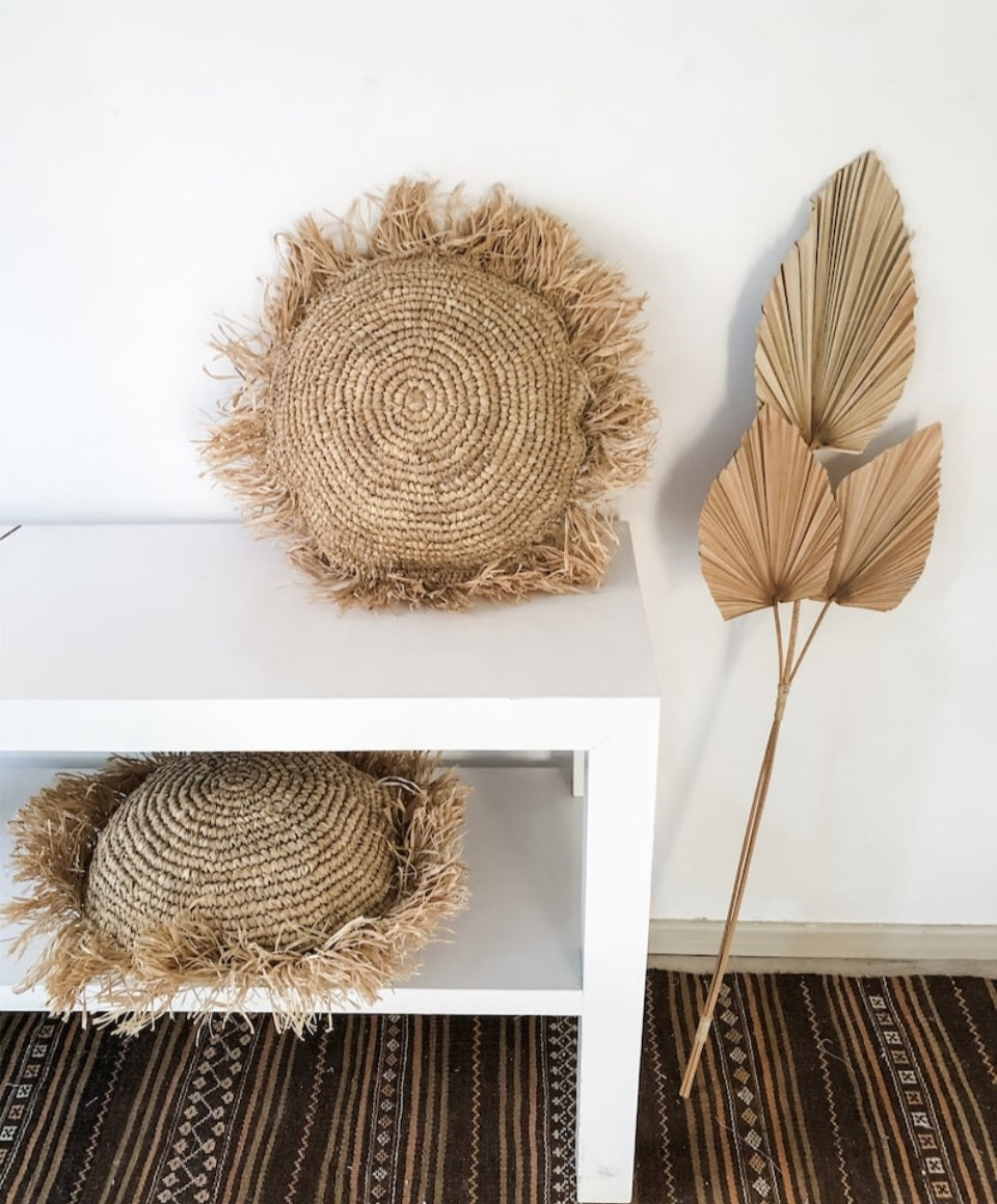 Rafia Cushion With Fringe Round  |