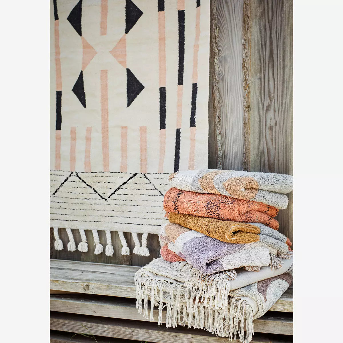 Tufted Cotton Runner With Tassels Grey, Ivory, Caramel